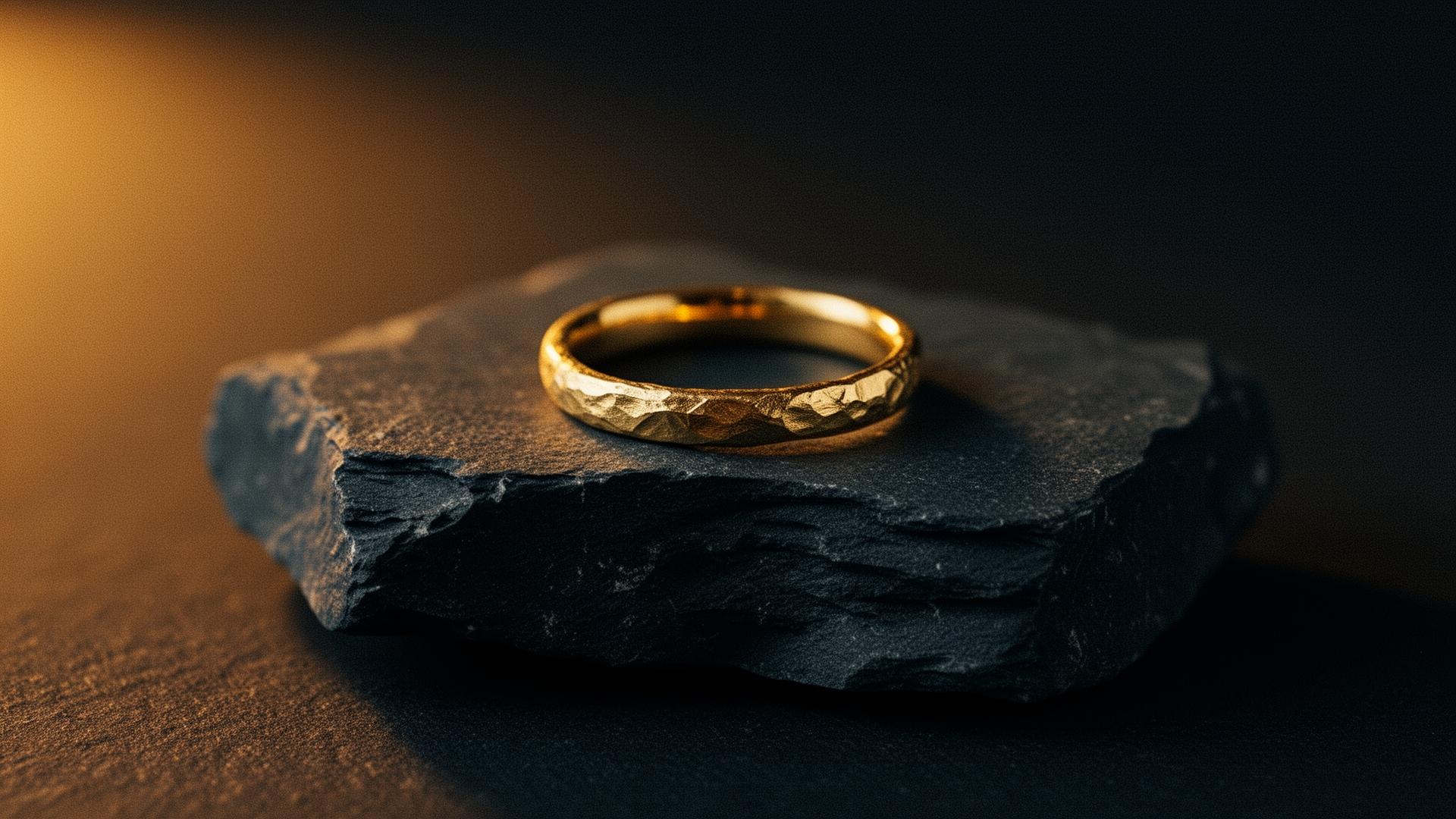 A hand-textured gold ring on raw slate